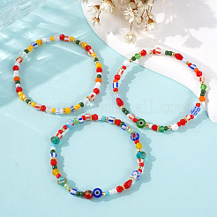 3 bracelet extensible bohème fait main en verre et perles œil protecteur (3 styles au total).&nbsp;JV1466