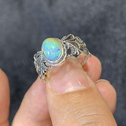 Verstellbarer Opalring mit 925 offenen Manschettenring aus Sterlingsilber&nbsp;RJEW-C155-02