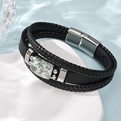 Bracelets multi-rangs en agate mousse naturelle et cuir microfibre tressé pour femmes et hommes&nbsp;GG-CBAEA55-01B