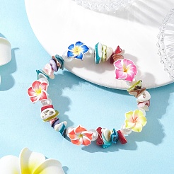 Handgefertigte Polymer Clay Blumen & natürliche Muschelsplitter Stretch-Armbänder&nbsp;BJEW-JB12582