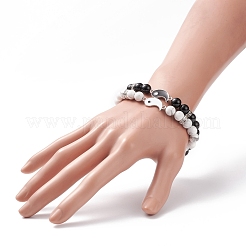 2 ensemble de bracelets extensibles en perles d'agate noire et de howlite teintées et chauffées de style naturel&nbsp;BJEW-TA00163