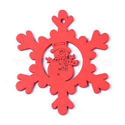 Grands pendentifs en bois de peuplier naturel, peint à la bombe, pour noël, flocon de neige avec bonhomme de neige, rouge, 69.5x60.5x2.5mm, Trou: 2.5mm