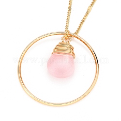 Colliers pendentifs perles de verre en forme de larme, avec chaînes figaro en laiton doré et fermoirs pinces de homard, rose, 20 pouce (50.7 cm)
