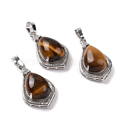 Natural Tiger Eye Pendants, Teardrop Charms, with Platinum Tone Rack Plating Brass Findings, 32x19x10mm, Hole: 8x5mm