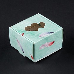 Boîte-cadeau en papier kraft créatif pliable rectangle, boîtes à bijoux, avec fenêtre transparente coeur, motif de plume, 4.3x4.3x2.7 cm