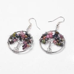Natural Tourmaline Dangle Earrings, with Brass Earring Hooks, Ring with Tree of Life, Platinum, 53mm, Pendant: 37x30x6mm, Pin: 0.6mm