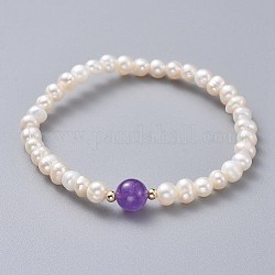 Stretch Grade A Natural Freshwater Pearl Bracelets, with Natural Amethyst Beads and Brass Beads, 2 inch(5.1cm)
