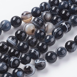 Chapelets de perles rondes en agate à rayures naturelles/en agate à bandes, noir, 8mm, Trou: 1mm, Environ 48 pcs/chapelet, 15.2 pouce
