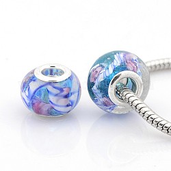 Handgefertigte Murano Europäischen großes Loch Rondell Perlen, Innen Blume, mit silberner Farbe Messing Doppelkerne, Farbig, 14x10 mm, Bohrung: 5 mm