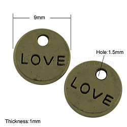 Tibetan Style Alloy Charms Pendants, Cadmium Free & Nickel Free & Lead Free, For Valentine's Day, Flat Round with LOVE, Antique Bronze, 9x1mm, Hole: 1.5mm