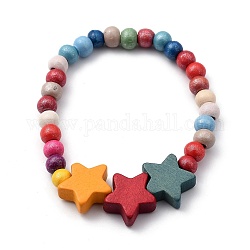 Bracciali per bambini, braccialetti elastici con perline in legno naturale, stella, colorato, diametro interno: 2 pollice (5.1 cm)