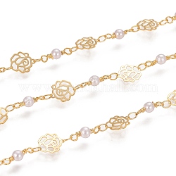 Handmade Brass Link Chains, with Glass Links and Spool, Soldered, Long-Lasting Plated, Flower,White, Golden, 9.5x8.5x0.2mm and 3.5x2.5x0.5mm, about 32.8 Feet(10m)/roll