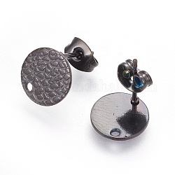 Accessoires de puces d'oreilles en 304 acier inoxydable, avec poussoirs d'oreilles / fermoirs de boucles d'oreilles et trou, texturé plat rond avec des lignes de tache, électrophorèse noir, 10mm, Trou: 1.2mm, pin: 0.8 mm
