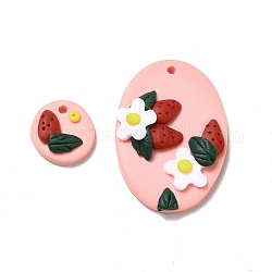Ensembles de pendentifs en argile polymère faits à la main, ovale et plat rond avec fleur et fraise, rose, 35x25x7.5mm, Trou: 2mm, 2 pièces / kit