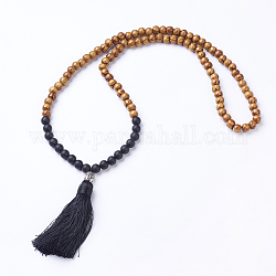 Colliers de perles de mala en agate noire naturelle et bois, avec des billes de buddha d'alliage et des pendentifs glands, argent antique, noir, 27.9 pouce (710 mm), perles: 8 mm, pendentif: 12x88 mm