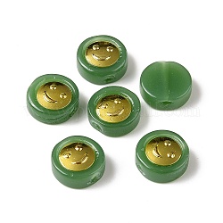 Perles de verre peintes par pulvérisation transparent, avec les accessoires en laiton dorés, plat rond avec le sourire, verte, 11.5x4mm, Trou: 1.2mm