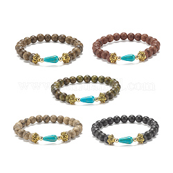 Bracelet extensible en perles rondes en bois naturel avec larme de turquoise synthétique, bracelet de yoga pour femme, couleur mixte, diamètre intérieur: 2-1/4 pouce (5.8 cm)