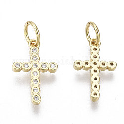 Brass Micro Pave Cubic Zirconia Tiny Cross Charms, with Jump Ring, Nickel Free, Clear, Real 18K Gold Plated, 14x8.5x1.5mm, Hole: 3mm