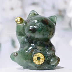 Natürliche grüne Aventurinsplitter und Kunstharzdekorationen, Glückskatzenfigur, für Zuhause Feng Shui Ornament, 63x55x45 mm