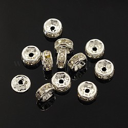 Perline distanziatori strass in ottone, grado a, rondelle, colore argento placcato, misura:circa7mm di diametro, 3.5 mm di spessore, Foro: 2 mm