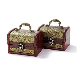 ヴィンテージ木製ジュエリーボックス  puレザー装飾宝箱ボックス  キャリーハンドルとラッチ付き  蓮模様の長方形  ライトカーキ  11.9x9.05x9cm