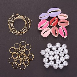 Fare orecchino fai-da-te, 304 orecchini a cerchio / anelli per saltare in acciaio inossidabile, perle acriliche imitazione perla e perle di conchiglia di vernice spray, oro, roso, 35x0.7mm