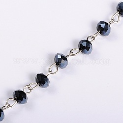 Catene di perle in vetro rondelle fatte a mano per creazione di bracciali collane, con perno in ferro color platino, senza saldatura, nero, 39.3 pollice, perline: 6x4.5 mm