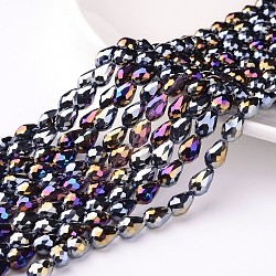 Electroplate Glass Beads Strands, AB Color Plated, Faceted Teardrop, Black, 7x5mm, about 65~67pcs/strand, 18~18.5 inch(45.5~46.9cm)