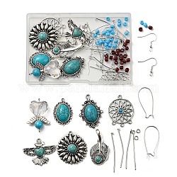 DIY Ethnic Earring Making Kit, Including Oval & Glede & Leaf & Angel Alloy Pendants with Synthetic Turquoise, Glass Seed Beads, Brass Hoop Earring Findings, Iron Earring Hooks, Antique Silver & Platinum