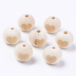 Unfinished Natural Wood European Beads, Large Hole Beads, for DIY Painting Craft, Laser Engraved Pattern, Round with Heart Pattern, Antique White, 20x18mm, Hole: 4mm