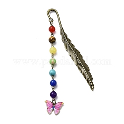 Marque-page pendentif en émail en alliage papillon avec perle de pierre précieuse chakra, marque-pages en plumes d'alliage, Prune, 140x14.5x3.5mm