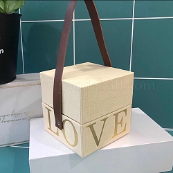 Caja de regalo de papel cartón con estampado de amor cuadrado, Bolsas para dulces de boda con asa de piel sintética., cornsilk, 10.2x10.2x10 cm