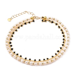 Multi-Strand Anklets, with Brass Beads & Curb Chains & Spring Ring Clasps, Glass Beads, Natural Pearl Beads and 304 Stainless Steel Heart Charms, Golden, Black, 9-3/4 inch(24.8cm)