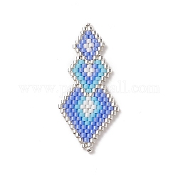 Métier à tisser fait main motif perles de rocaille miyuki, pendentifs losange, Dodger bleu, 41x17x2mm, Trou: 0.8mm