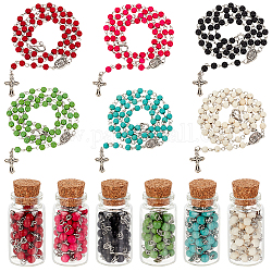 6шт 6 цвета круглые синтетические бирюзовые четки набор ожерелий из бисера, антикварные серебряные ожерелья из креста и девственной подвески для женщин, разноцветные, 24.92~25.31 дюйм (63.3~64.3 см), 1 шт / цвет