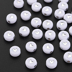 Plating Acrylic Beads, Metal Enlaced, Flat Round with Heart, Silver Plated, 6.5~7x3.7mm, Hole: 1.8mm, about 365pcs/50g