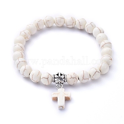 Bracelets extensibles avec breloque, avec des perles synthétiques turquoise(teintes), bélières en alliage de style tibétain, croix, beige, diamètre intérieur: 2-1/8 pouce (5.4 cm)