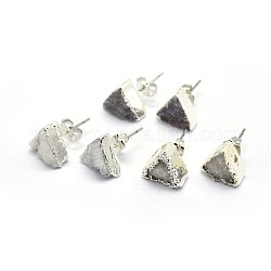 Orecchino di perline in cristallo di quarzo naturale druzy, con accessori di ottone, triangolo, colore argento placcato, grigio scuro, 10x11x4~7mm, ago :0.7mm