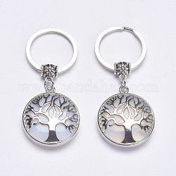 Porte-clés opalite, avec accessoires en laiton, plat et circulaire avec arbre de vie, 64mm