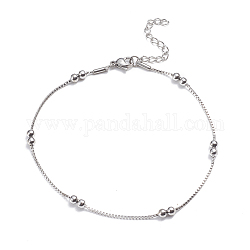 304 Stainless Steel Box Chain Anklets, with Round Beads and Lobster Claw Clasps, Stainless Steel Color, 9-7/8 inch(25cm), 1.5mm