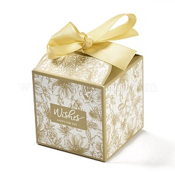 Scatole regalo pieghevoli a tema matrimonio, quadrato con fiore e parola augura un regalo per te e un nastro, per confezioni di biscotti caramelle, verga d'oro pallido, 7x7x8.3cm
