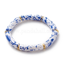 Pulsera elástica con cuentas de tubo curvo acrílico, pulsera de amistad de bambú grueso para mujer, azul, diámetro interior: 2-1/8 pulgada (5.3 cm)