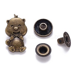Boutons à pression en laiton, bouchon d'alliage, boutons de vêtements, sans cadmium et sans plomb, ours, bronze antique, bouchon: 23.5x13.5mm, pin: 3 mm, stud: 10x4mm, bouton: 4.5 mm et 10x6.5 mm, Bouton: 3.5 mm, prise: 12x4 mm, demi-foret: 5 mm