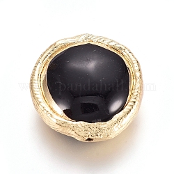 Perles d'agate naturelles, bord en argile polymère galvanoplastie, teinte, plat rond, noir, 15.5~17x16~17x6mm, Trou: 0.5~0.7mm