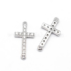 Croce latina latina croce in ottone micro pavimenta maglie zirconi cubici, chiaro, cadmio & nichel &piombo libero, Vero platino placcato, 17x9x2mm, Foro: 1 mm