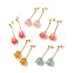 Acrylic 3D Flower Dangle Stud Earrings, Gold Plated 304 Stainless Steel Jewelry for Women, Mixed Color, 50mm, Pin: 0.8mm