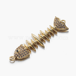 Long-Lasting Plated Brass Micro Pave Cubic Zirconia Links, Real 18K Gold Plated, Fish Bone, Colorful, 37x11x3mm, Hole: 1.5mm