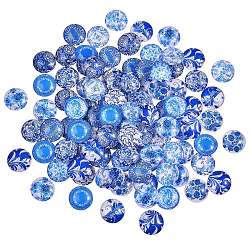 Cabochons en verre imprimé bleu et blanc, demi-rond / dôme, bleu acier, 20x6mm, 100 pcs / boîte