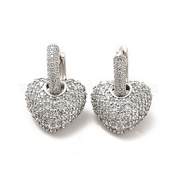 Orecchini a cerchio pendenti con cuore in zirconi chiari, gioielli in ottone per le donne, platino, 22mm, ago :1mm