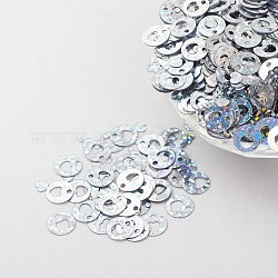 Ornament Accessories Plastic Paillette/Sequins Charms, Flat Round with Heart, Silver, 8x0.1mm, Hole: 1.4mm
